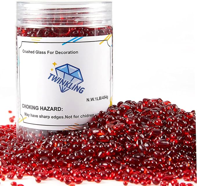 TWINKLING High Luster Round Fire Glass Stones, Marbles, Pebbles, Beads Gems for Fire Pit, Vase Fillers, Crafts, Aquarium Garden Decoration, 3-6mm, 1-Pound Jar (Red)
