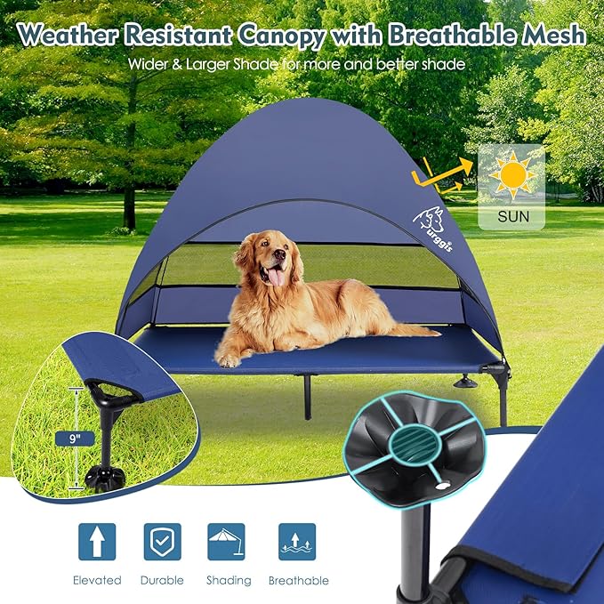 Upgraded Elevated Dog Bed with Canopy, Portable Raised Outdoor Dog Bed with Stable Anti-Slip Feet, Wider Shade Pet Bed Cot, Raised Dog Beds for Large Dogs Camping, Indoor & Outdoor Use