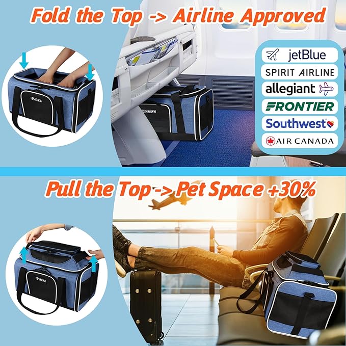 Petskd Top-Expandable Pet Carrier 17x12x8.5 Inches JetBlue Allegiant Spirit Airline Approved, Soft-Sided Carrier for Small Cats and Dogs with Locking Safety Zippers and Anti-Scratch Mesh(Blue)