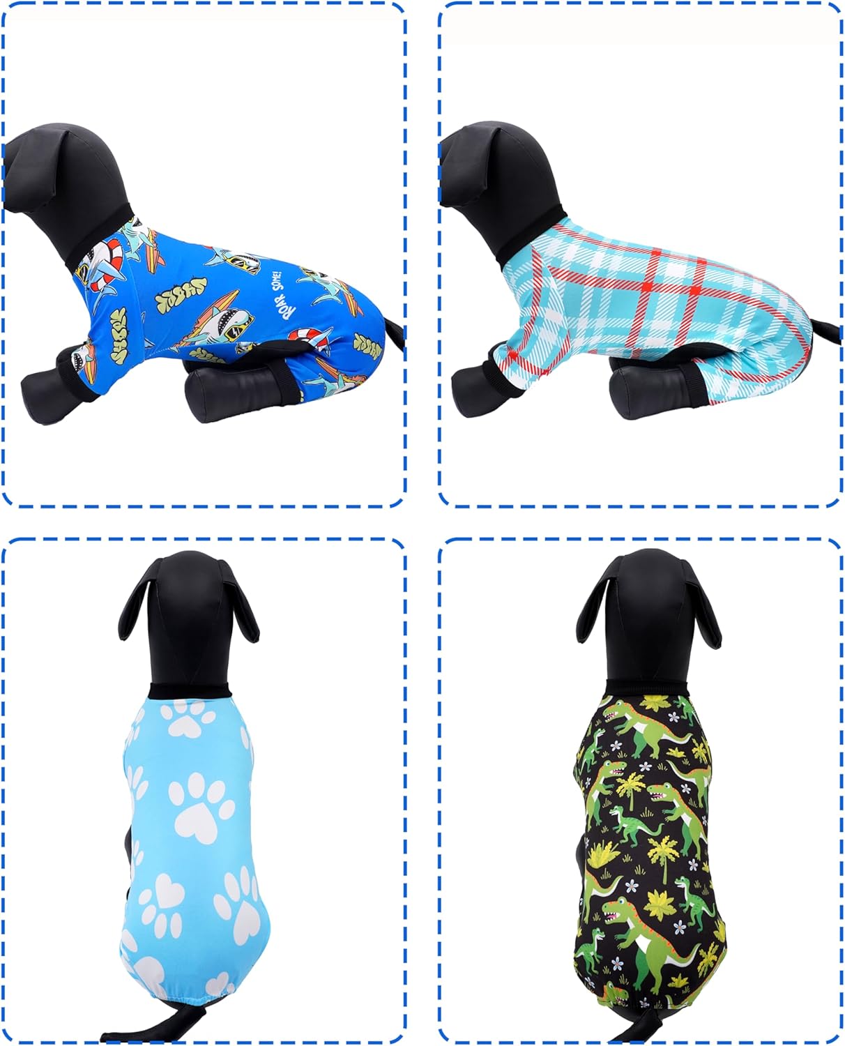 PET SHOW 4 Pack Small Dog Pajamas for Doggies Boy Dinosaur Shark Soft Stretchy PJs Plaid Jumpsuit Puppy Cats Kittens Paw Onesies Outfits with Sleeve Pets Breathable Summer Clothes Costume XS