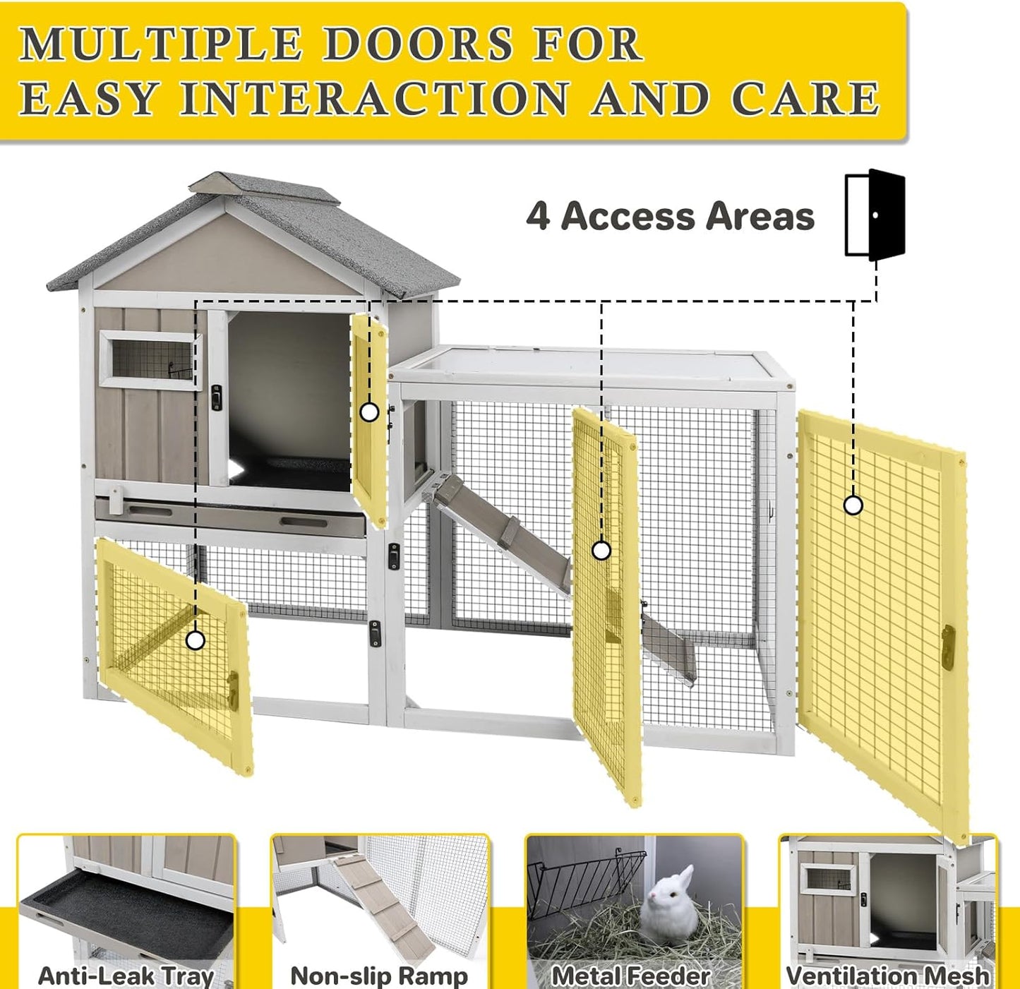 94''L Rabbit Hutch Outdoor Chicken Coop with Run, Wooden Indoor 2 Story Bunny House with Waterproof Roof, Pull Out Tray, Guinea Pig Rabbit Duck Cage for Small to Medium Animals and Pet Lover, Gray
