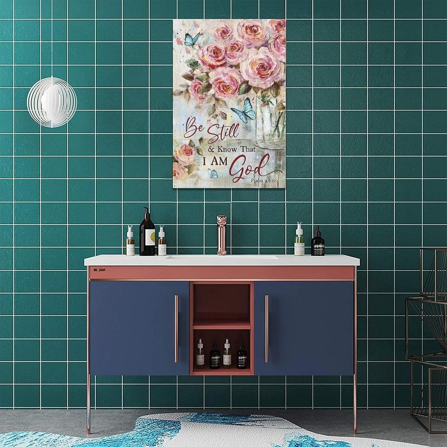 Farmhouse Rose Wall Art Christian Scripture Pictures Pink Rose Wall Decor Rustic Floral Butterfly Canvas Print Painting Artwork for Bathroom Living Room Bedroom 16"x24"