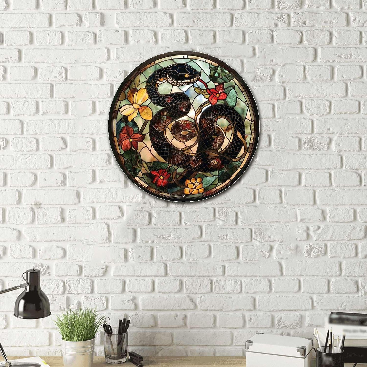 Lygond Metal Tin Sign - Circular Stained Glass Snake Vintage Sign for Garden - 8x8 Inches