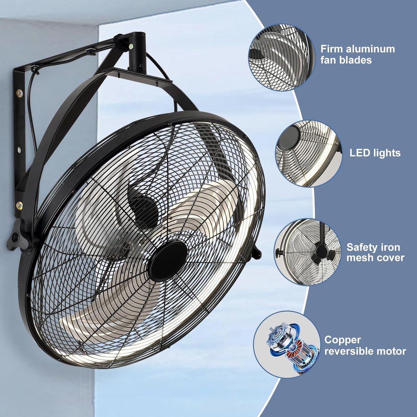 20 inch Wall Mount Fan with Lights and Remote,6-Speed Gazebo Ceiling Fan Adjustable Tilt Dimmable Wall Fan,High Velocity Industrial Outdoor Fans for Patio,Garage,Commercial,Black
