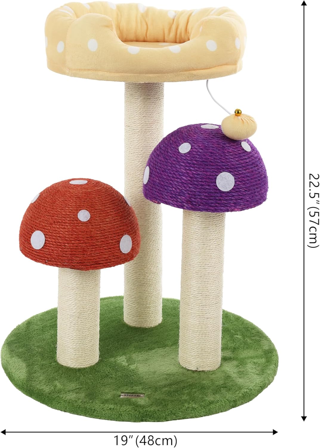 CTR1001A Pixie 22.5" 3-Tier Cottage Sisal Mushroom Cat Tree with Scratching Posts, Napping Perch, and Dangling Bell Toy, Multi