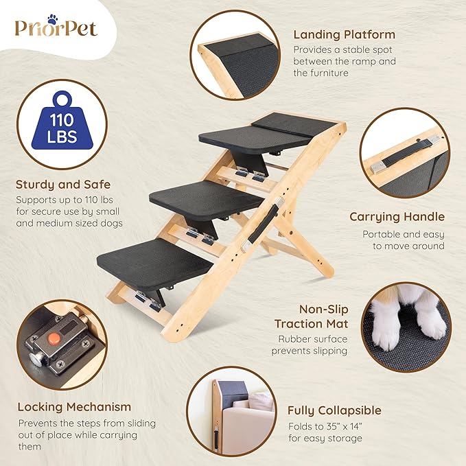 Dog Steps for Bed & Couch 2-in-1 Dog Stairs/Ramp - Height Adjustable Dog Ramp for Couch 7” - 20” - Pet Stairs, Dog Stairs for Small Dogs - Easy to Move Pet Steps with Landing Platform, Natural