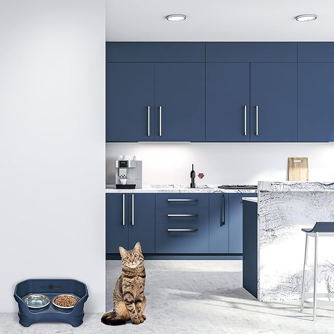 Neater Feeder Deluxe Mess Proof Cat Bowls Elevated for All Breeds – Made in USA – No Spill Raised Bowls for Indoor Cats – Stainless Steel Food and Water Bowl Set, Pet Dish Feeding Station, Dark Blue