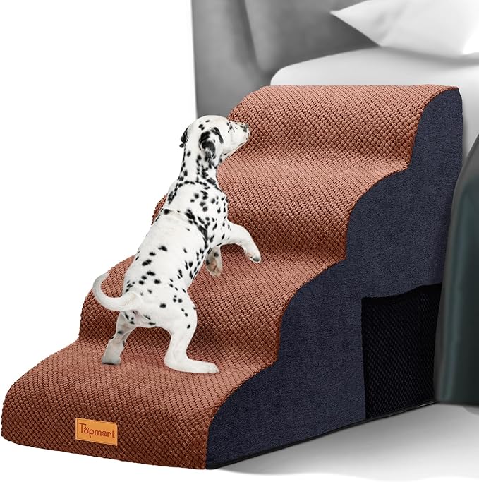 Topmart High Density Foam Dog Steps 4 Tiers,Extra Wide Deep Pet Steps,Non-Slip Dog Stairs Ramp for Bed,Soft Foam Cat Ladder,Best for Older Injured,Older Pets,Cats with Joint Pain