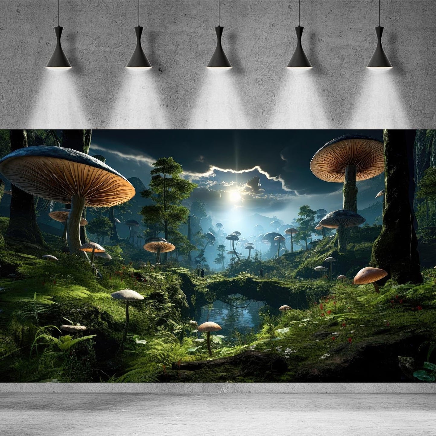 Fantasy Mushrooms Landscape Aquarium Background Tranquil Stream Cloudy Sky Terrarium Background Lush Green Tropical Plants Trees Fish Tank Backdrop Decoration Tank Background Poster 60x24in