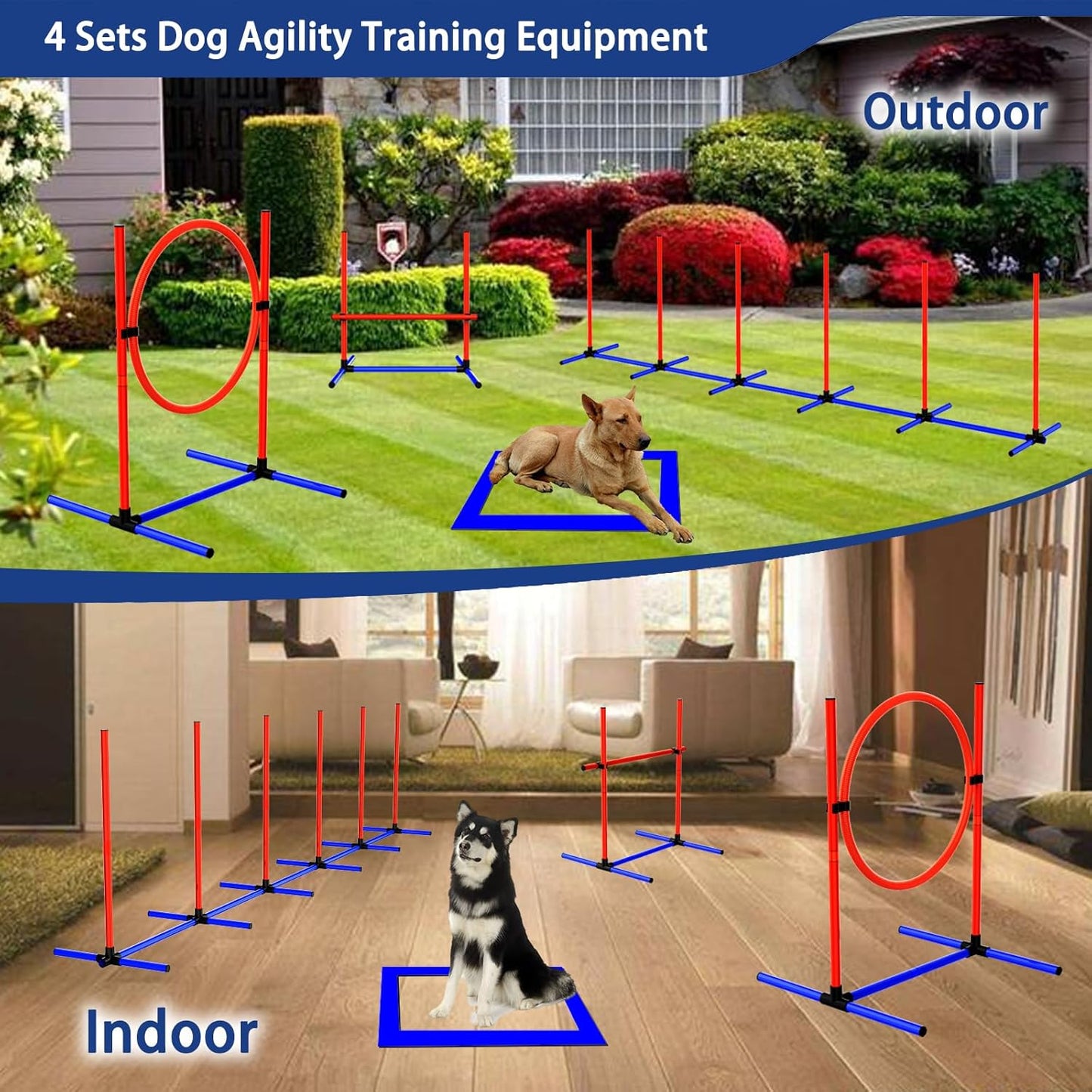 4 Sets Pets Agility Training Equipment, Adjustable Dog Hoop, Dog Jump, Weave Poles and Pause Box，with Independent Packaging(4 Sets)