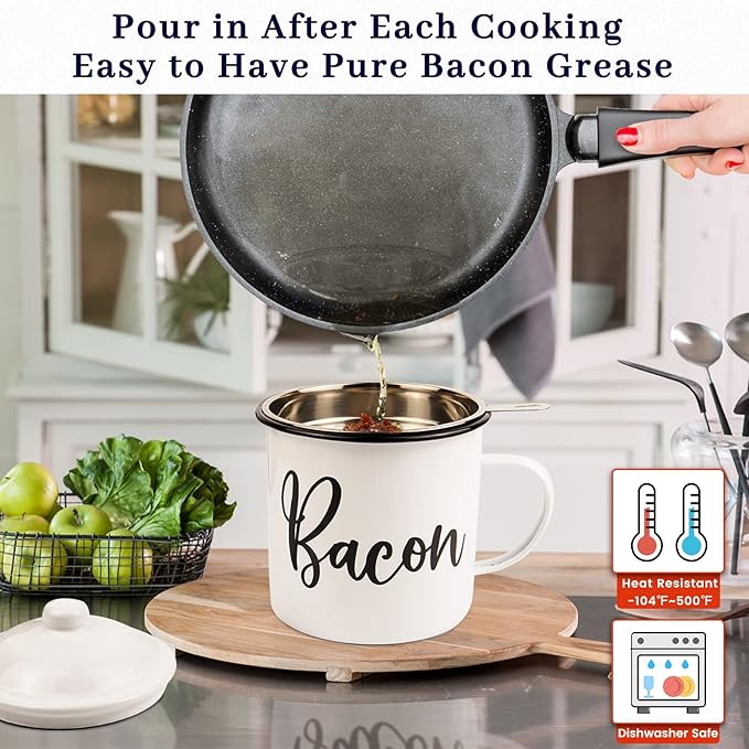 Bacon Grease Container with Strainer - With Food-Grade Silicone Spatula , 46oz Large Enamel Rustic Farmhouse Fat Container , Keeper , Recipes , Dishwasher Safe