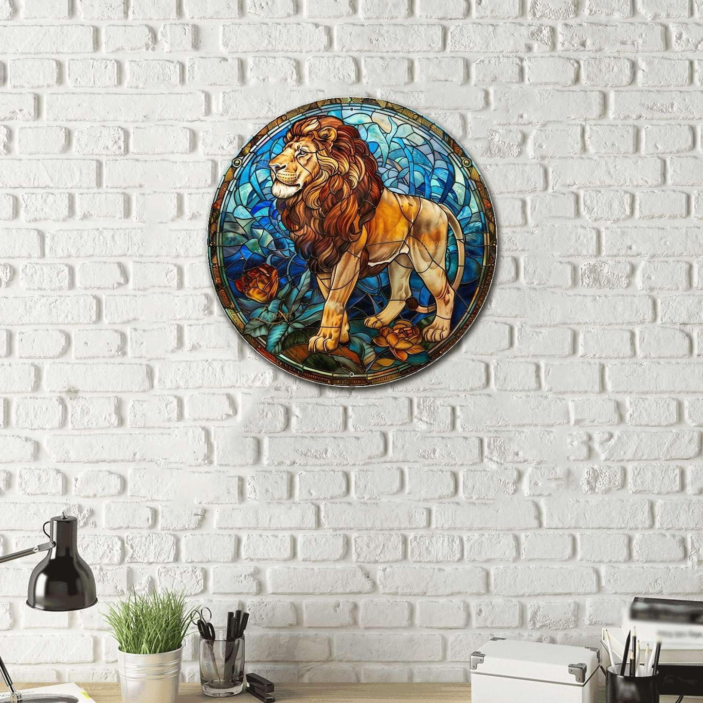 Lygond Metal Sign Tin Sign Circular Stained Glass Lion Metal Sign for Home Decor 8×8 Inches