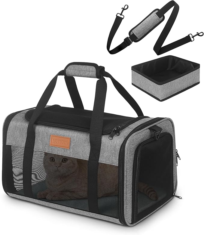 PETUX TSA Approved Pet Carrier in Cabin, 17"x11"x9.5" Soft Cat Carriers for Small Cats up to 12 lb, Top-Open Portable Dog Carrier with Litter Box and Anti-Scratch Mesh for Puppy up to 10 lb (Grey)
