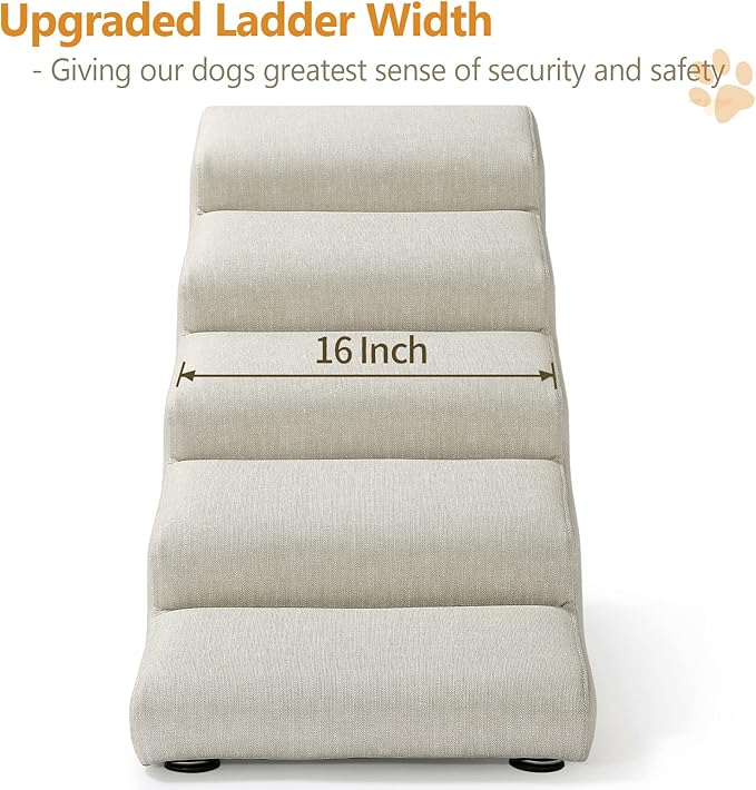 Senneny Imitation Linen Faux Leather Dog Stairs, for Pets up to 150 lbs, Waterproof, Scratch Resistant Pet Steps/Stairs with High Density Foam and Detachable Wooden Legs, Light Beige Linen, 5 Step