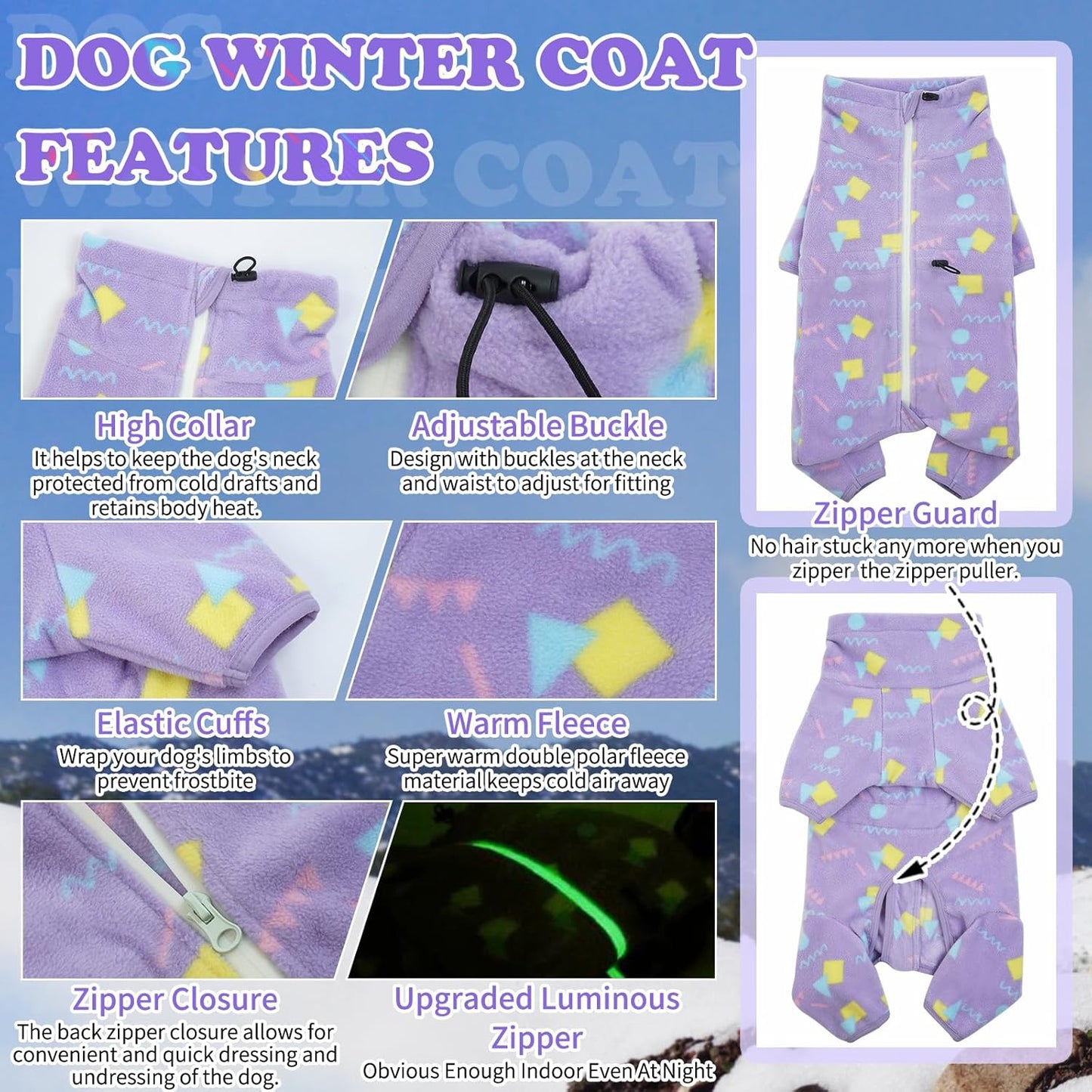 ROZKITCH Dog Pajamas with Zipper, Pet Windproof Warm Cold Weather Jacket Vest with Luminous Zipper, Jumpsuit Apparel Outfit Clothes for Small Medium Large Dog Geometry XL