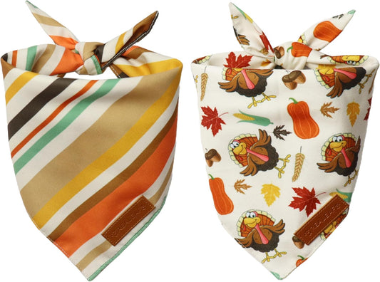 Realeaf Thanksgiving Dog Bandanas 2 Pack,Turkey Pumpkins Fall Stripe Pet Scarf for Boy and Girl, Premium Durable Fabric, Reversible Holiday Bandana for Medium and Large Dogs Pets