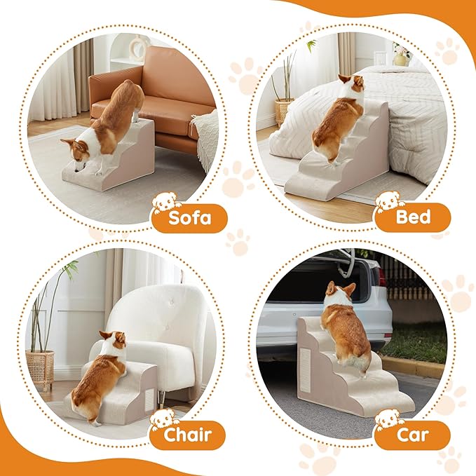 Pet Stairs, Dog Stairs for Small Dogs, Dogs Steps, 5-Step Curved Dog Ramp for Bed, Couch, Sofa, Car and Chairs, Non-Slip Bottom Design, Cat Scratching Board, High Density Foam Portable Pet Step, Beige