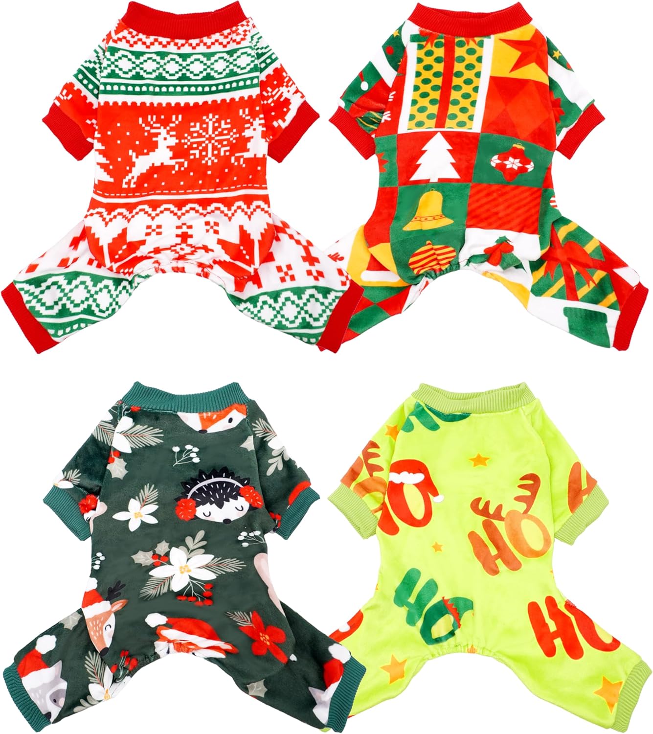 PET SHOW 4 Pack Christmas Small Dog Pajamas Holiday Dog Clothes for Medium Dogs Girl Boy Soft Stretchy PJs Xmas Jumpsuit Puppy Onesies Red Green Outfits with Sleeve Pets Dachshund Costume XL