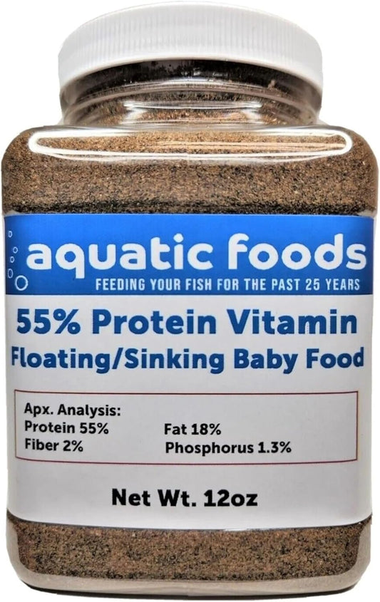 Aquatic Foods Inc. 55% Protein Vitamin Rich Micro Floating/Slow Sinking Baby & Fry Food for Cichlids, Community Fish, Baby Koi & Pond Fish, All Aquarium Tropical Fish...12oz Jar