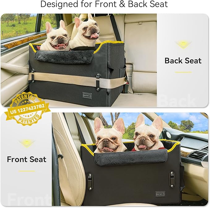 PETSFIT Dog Booster Car Seat, Dog Car Seats for Medium Sized Dogs or 2 Small Pets with 2 Safety Leashes and Patented Buckles, Carseat for Dogs with Storage Pockets for Pets Under 45Lbs (Black)