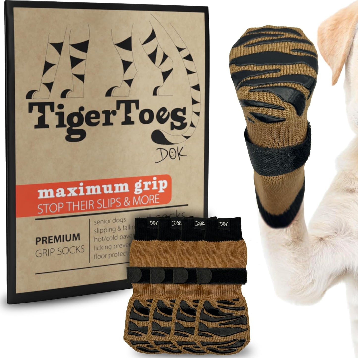 DOK TigerToes Premium Non-Slip Dog Socks for Hardwood Floors - Extra-Thick Grip That Works Even When Twisted - Prevents Licking, Slipping, and Great for Dog Paw Protection (Cool Caramel, X-Small)