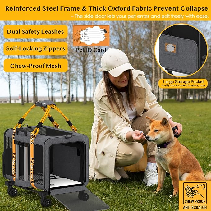 PAWZIDEA Pet Carrier with Wheels, 18x11x11 TSA Airline Approved Cat Carrier for 2 Cats Under Seat, Expandable Soft-Sided Dog Carrier for Small Dogs Rolling Travel Bag with Telescopic Handle, ID Card