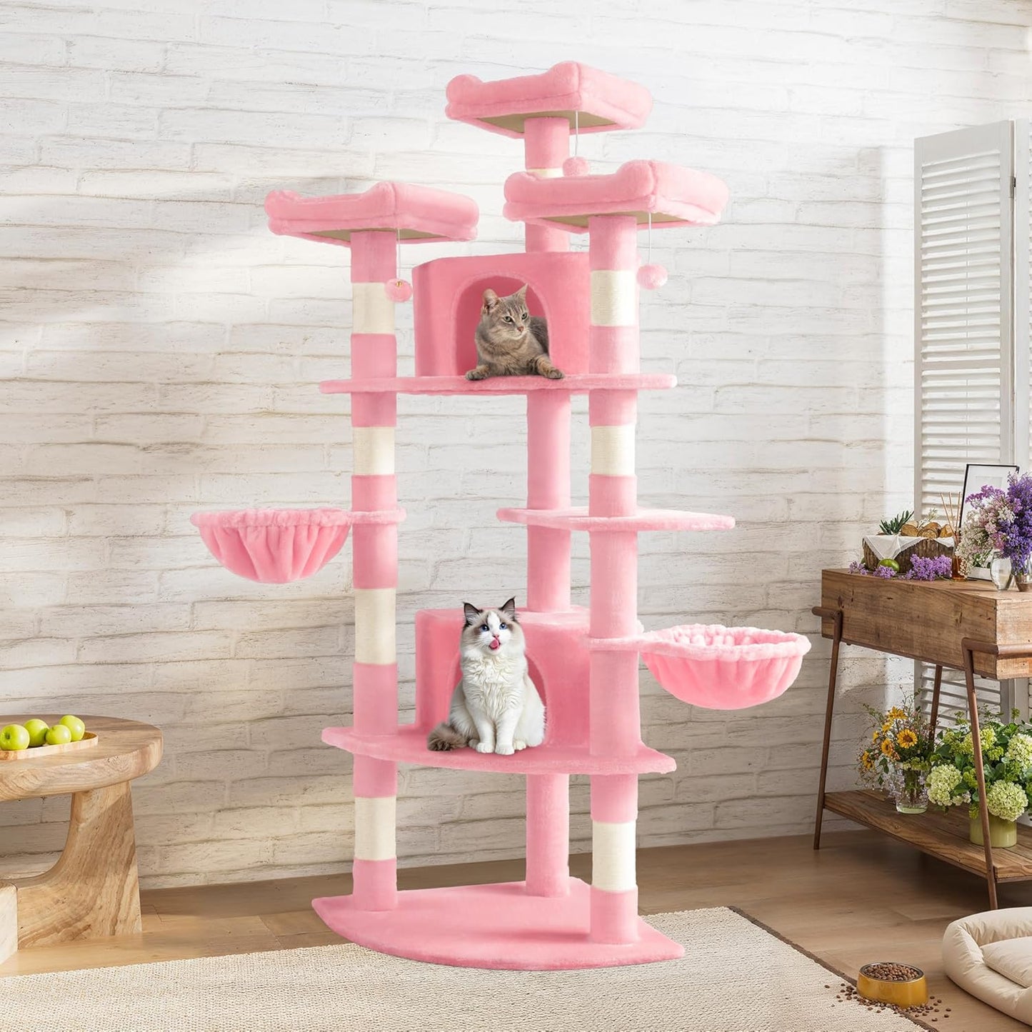 SHA CERLIN 73in Fan-Shaped Corner Cat Tower for Save Space/Multi-Level Tall Cat Tree for Indoor Kitties/Condo with Baskets/Cozy Perches/Sisal Scratching Posts/Pet Activity House/Pink