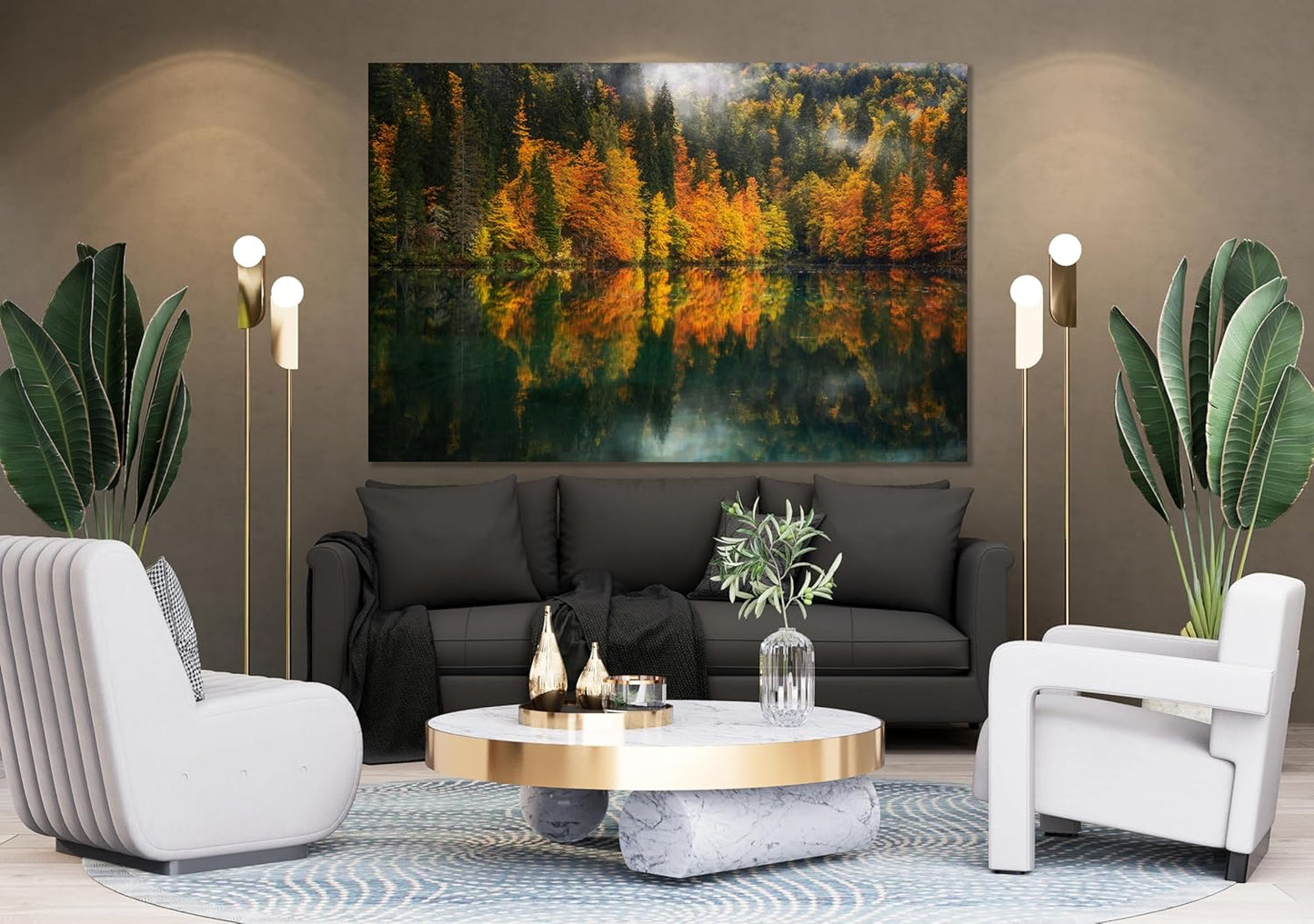 Nature Wall Art Prints - Ocean Forest Mountain Lake Canvas Landscapes - Small to Extra Large Living Room Bedroom Kitchen Bathroom Décor (Autumn by the Lake, 31L" x 47W")