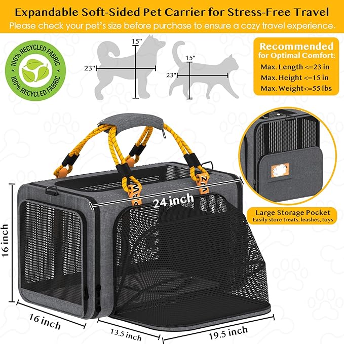 PAWZIDEA Expandable Large Pet Carrier, 24"X16"X16" Top Load Cat Carrier Bag for 2 Cats, Collapsible Dog Travel Crate for Small Medium Dog up 55lbs, Soft-Sided Car Seat Cage, XL Storage Pocket, ID Tag