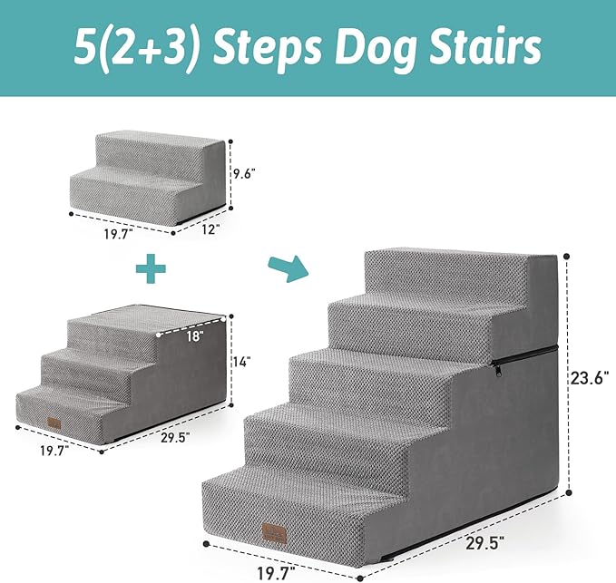 Dog Stairs for Small Dogs, 5 Tier Removable Wider Pet Stairs for Couch and Bed, 23.6" H Non-Slip Dog Steps for Puppies and Old Cats with Support Board, 29.5x19.7x23.6 inch, Grey