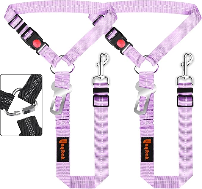 Removable Dog Seat Belt Harness for Car, 3 in 1 Pet Dog Car Seatbelt Leash, Retractable Restraint Secures to Vehicle Headrest & Adjustable Reflective Bungee Dog Seatbelt Tether, Purple