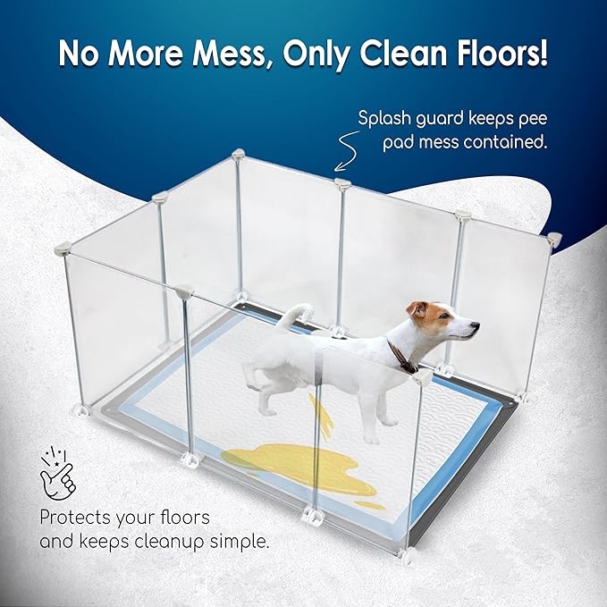 TidyFriend Litter Box Splash Guard 24” x 32”, Small Dog Litter Box Shield Guard with Pee Pad Holder Tray Fits for 30" x 23” Training Pad, Easy to Clean, Indoor (White Enclosure with Grey Peepad Tray)