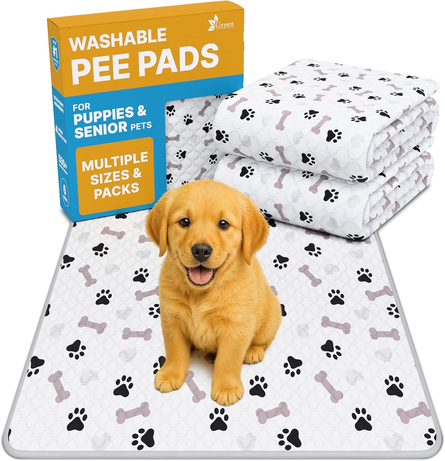 GREEN LIFESTYLE Washable Pee Pads for Dogs - Waterproof Reusable Puppy Pads with Anti-Slip Backing, Pet Training Pad for Puppy Playpen, Crate, Whelping Box, Potty Training (Pack of 2-18x24)