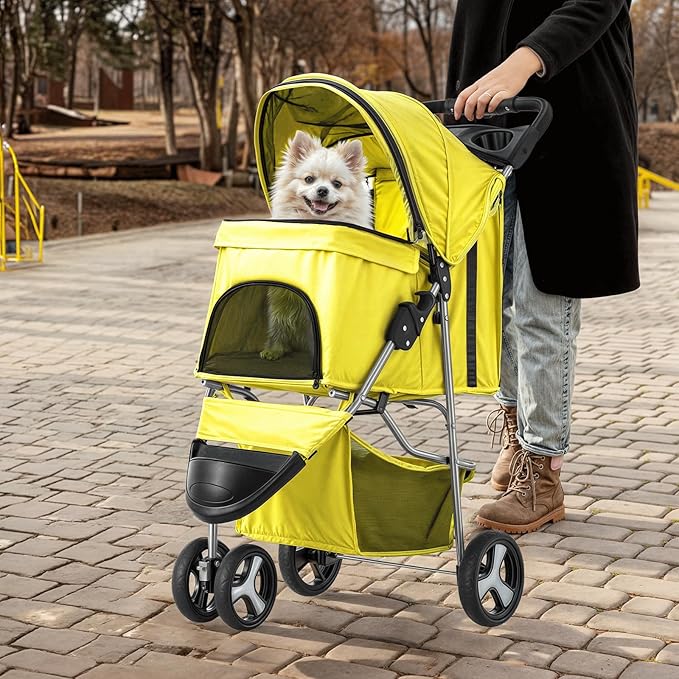 MoNiBloom Foldable Pet Stroller with Waterproof Cover, 3-Wheels Dog Strolling Cart for Small/Medium Dogs and Cats with Storage Basket and Cup Holder, Breathable and Visible Mesh for All-Season, Yellow