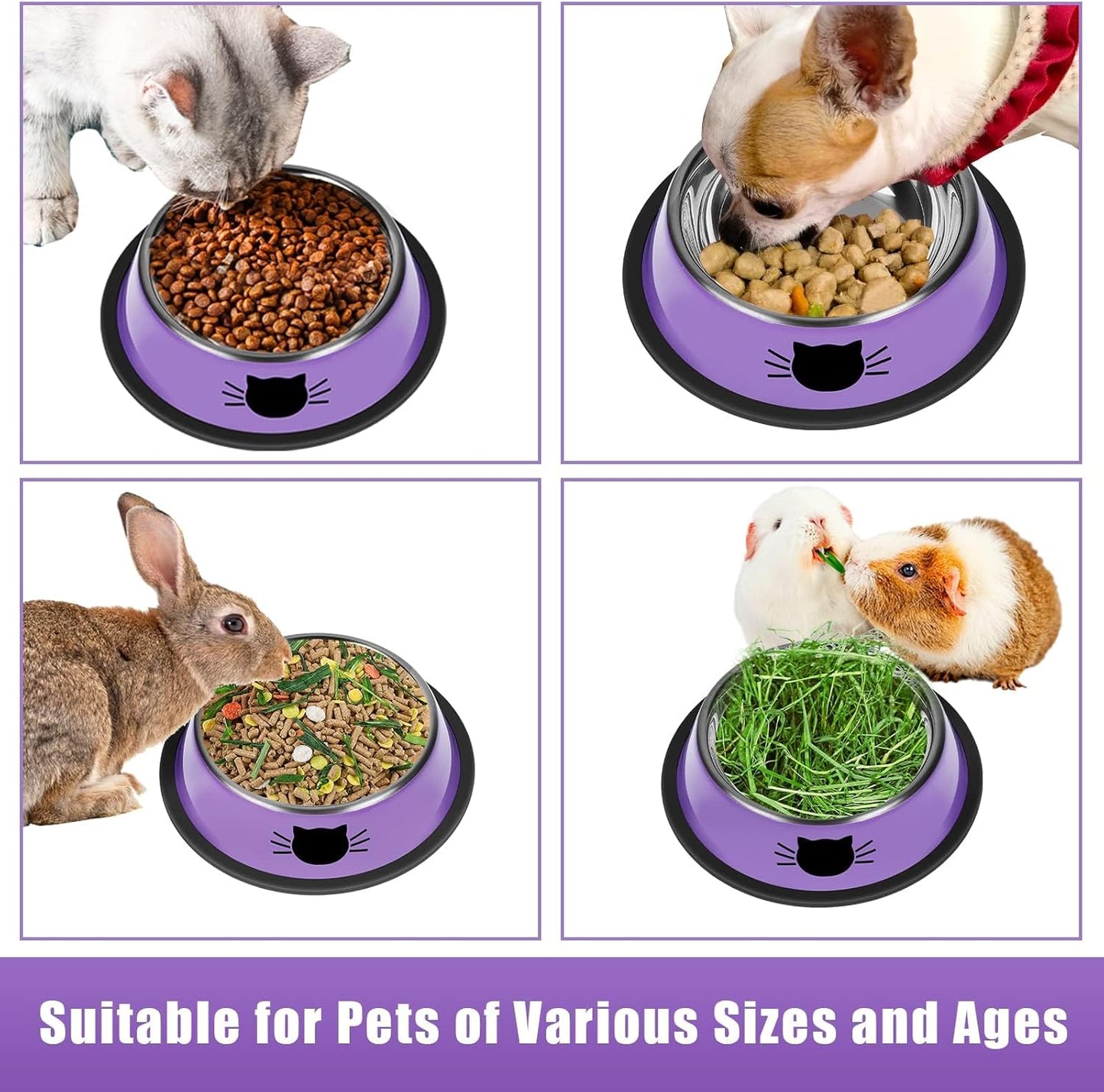 2 Pcs Non-Slip Stainless Steel Small Cat Food Bowls - Unbreakable, 7 Oz, Suitable for Indoor Small Pets - Removable Rubber Base, Easy to Clean, Lovely Color