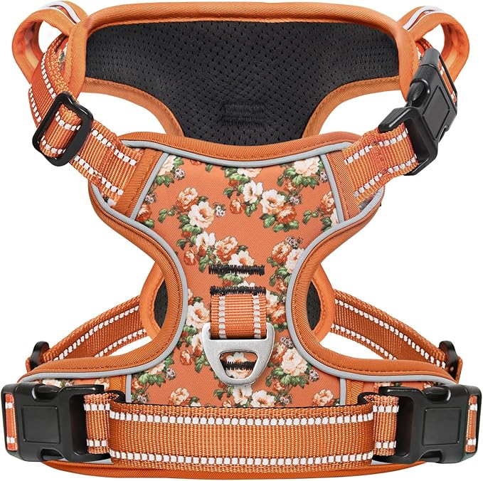 Timos Dog Harness, No Pull Dogs Harness 3 Snap Buckles Adjustable Reflective No Choke Pet Vest for Small Dog with Soft Padded Control Training Handle for Outdoor Training,Flower Orange, XS