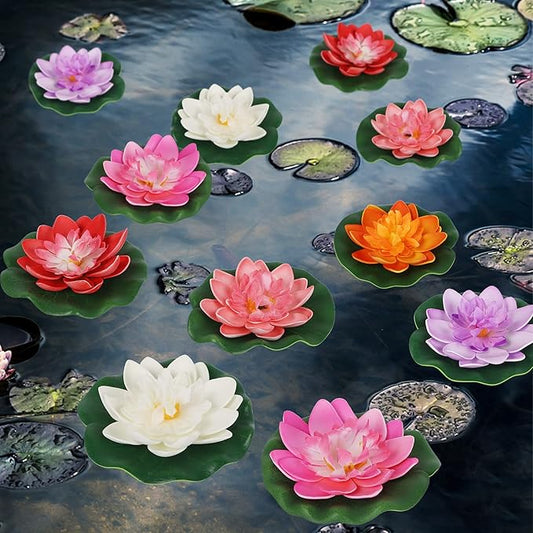 Happy Trees 12 Pcs Artificial Floating Foam Lotus Flower with Water Lily Pad, Lifelike Ornanment Home Garden Pond Decor Indian Decorations Return Gifts