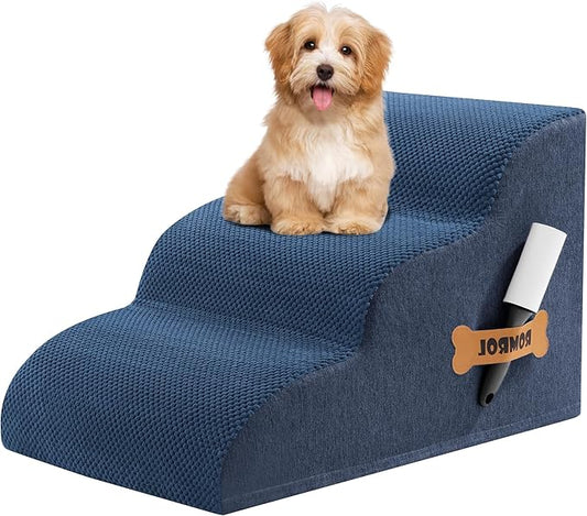 Romrol Dog Stairs Ramp for High Beds Couches, High Density Foam Pet Steps with Durable Non-Slip Waterproof Fabric Cover, Dog Stairs for Small Dogs or Cats or Pets, 3-Step,15 Inch,Dusty Blue