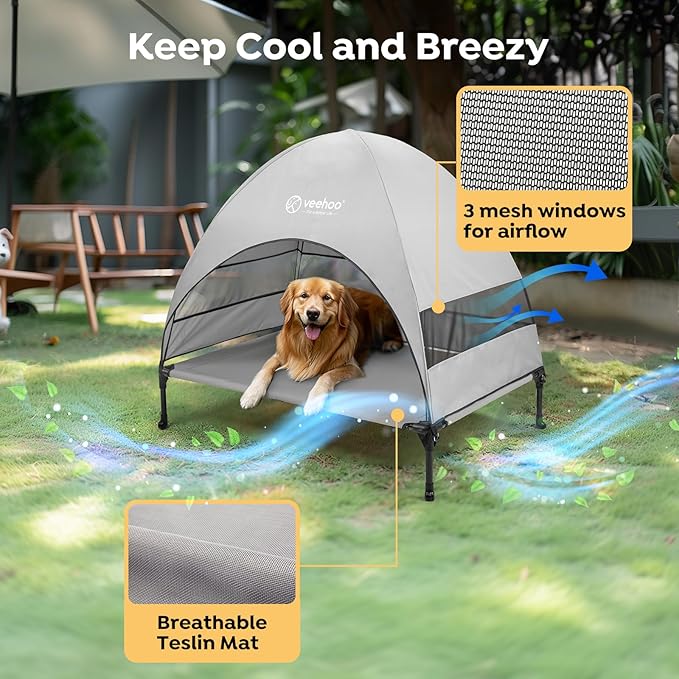 Veehoo Outdoor Dog Bed with Canopy, Cooling Elevated Pet Cot with Removable Shade, Non-Slip Feet, Raised Dog Cot for Large Dogs, Pet Tent Bed for Camping, Beach, Large, Grey, CWC2411