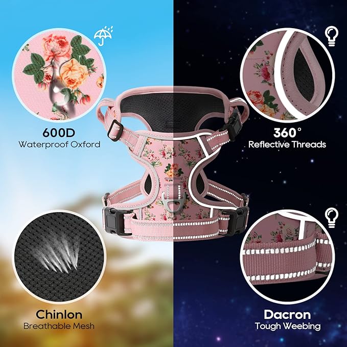 Timos Dog Harness, No-Pull Pet Harness with 2 Leash Clips, 3 Snap Buckles Adjustable Soft Padded Dog Vest, Reflective No-Choke Pet Oxford Vest with Easy Control Handle for Small Medium Large Dogs