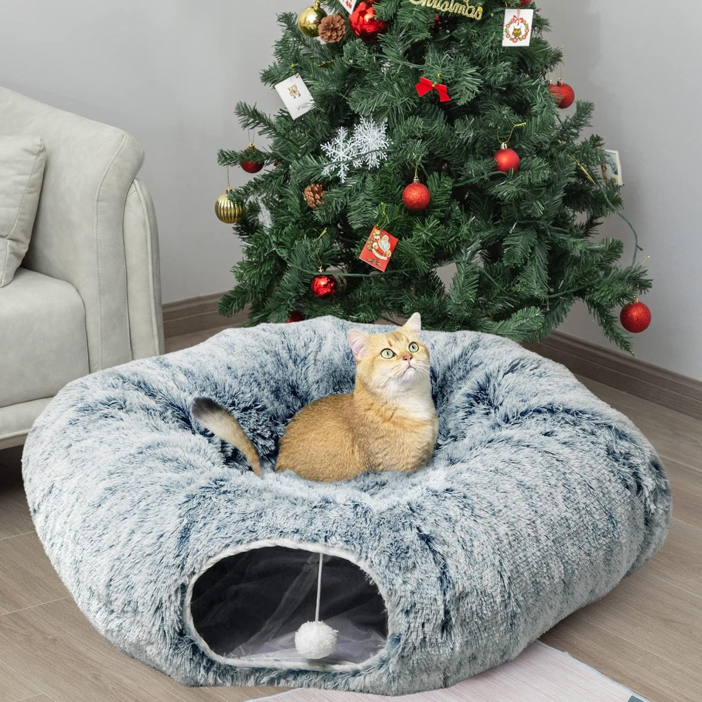 AUOON Cat Tunnel Bed - Cat Donut Tunnel with Soft Plush Circle Cushion for Indoor Cats Kitten Kitty Puppy Rabbit Ferret (Gray)