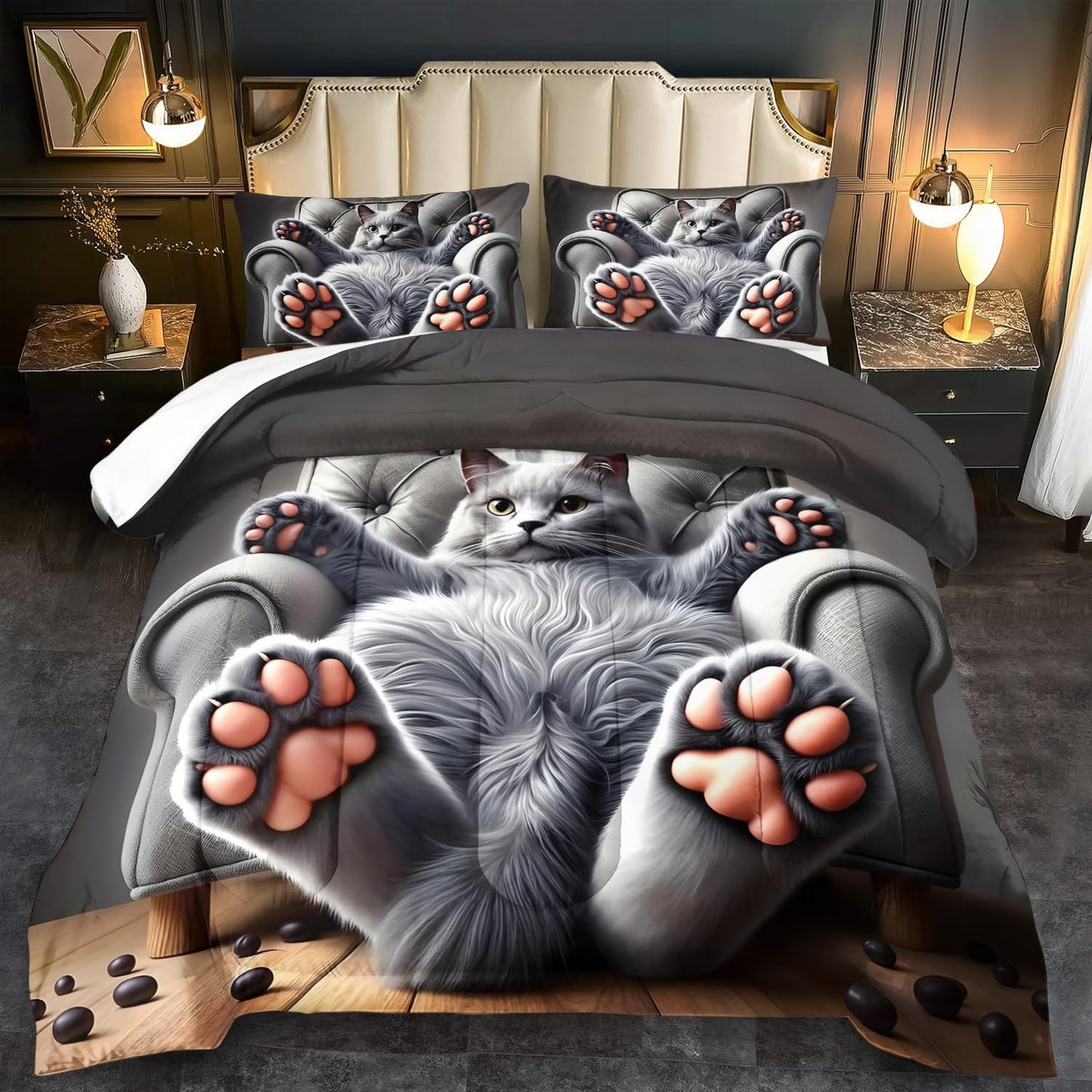 Cute Cat Comforter Set Full,Grey Kawaii Cat Bedding Set Adult,Cute Animal Comforter for Boy,American Shorthair Bedding Grey,Kawaii Animal Print Quilt Bedroom Decor Kids