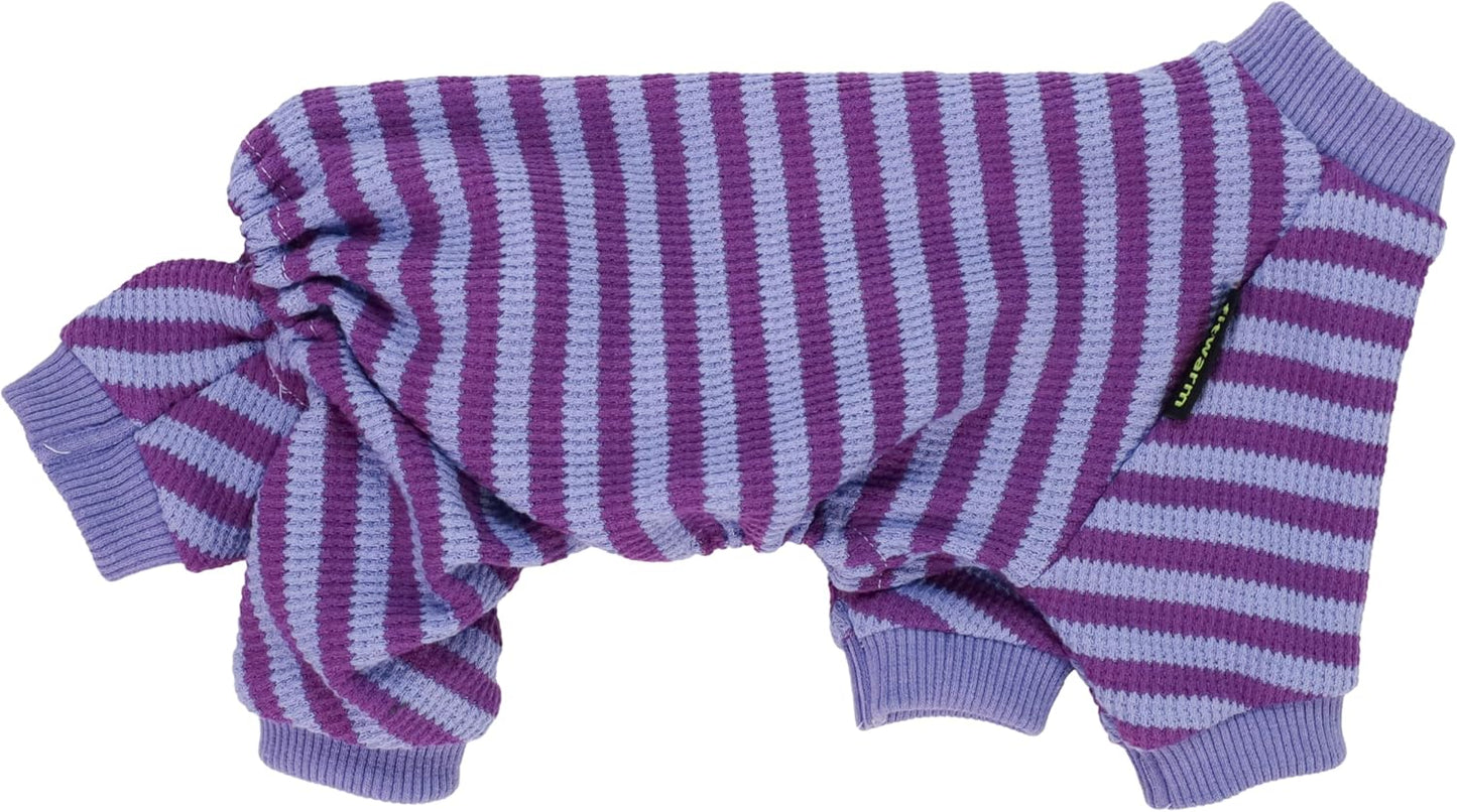Fitwarm Purple and Violet Striped Dog Pajamas, Waffle Dog Clothes for Small Dogs Girl Boy, Puppy Onesie with Feet, Pet Cat Outfit, Small