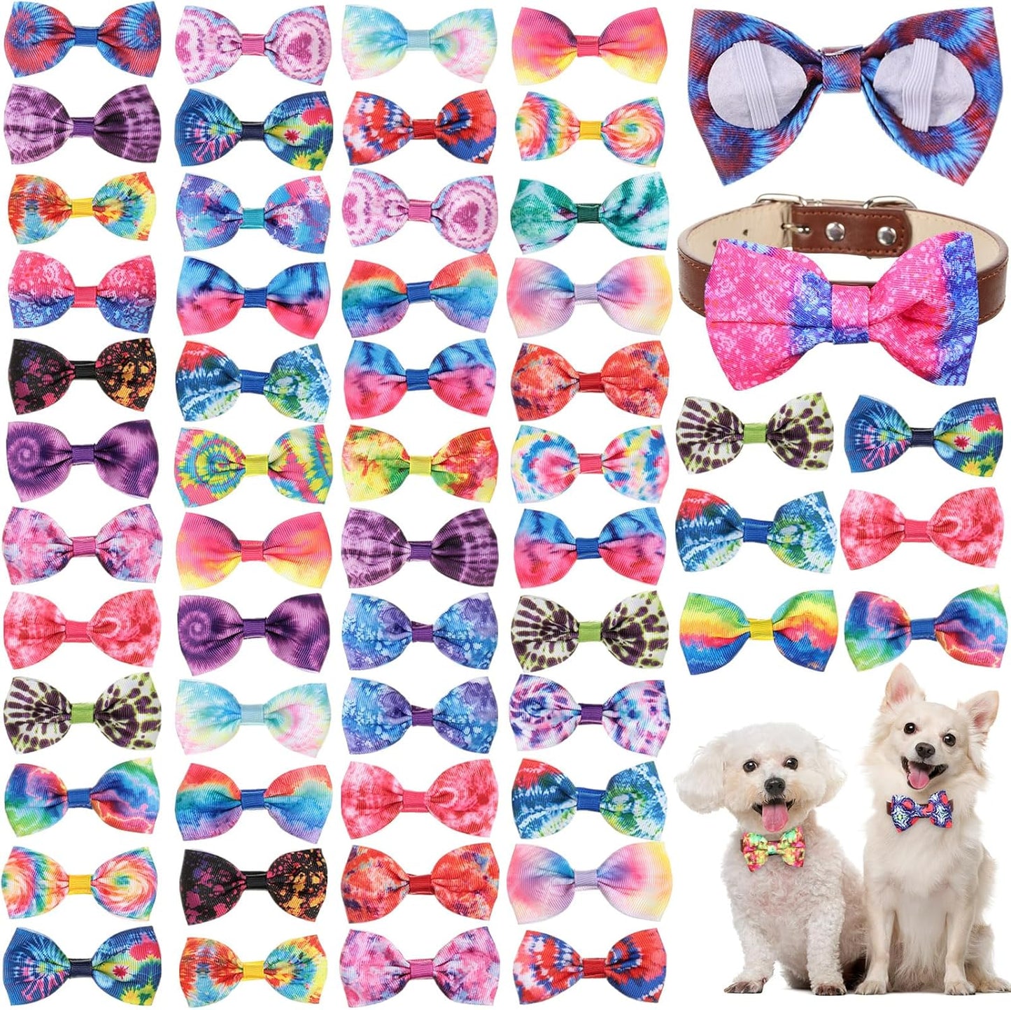 Reginary 50 Pieces Dog Bow Ties Pet Collar Bow Puppy Collar Attachment with Rubber Bands for Small Medium Cat Pet Grooming Charms Accessories Wedding Birthday Occasion(Tie Dye Style)