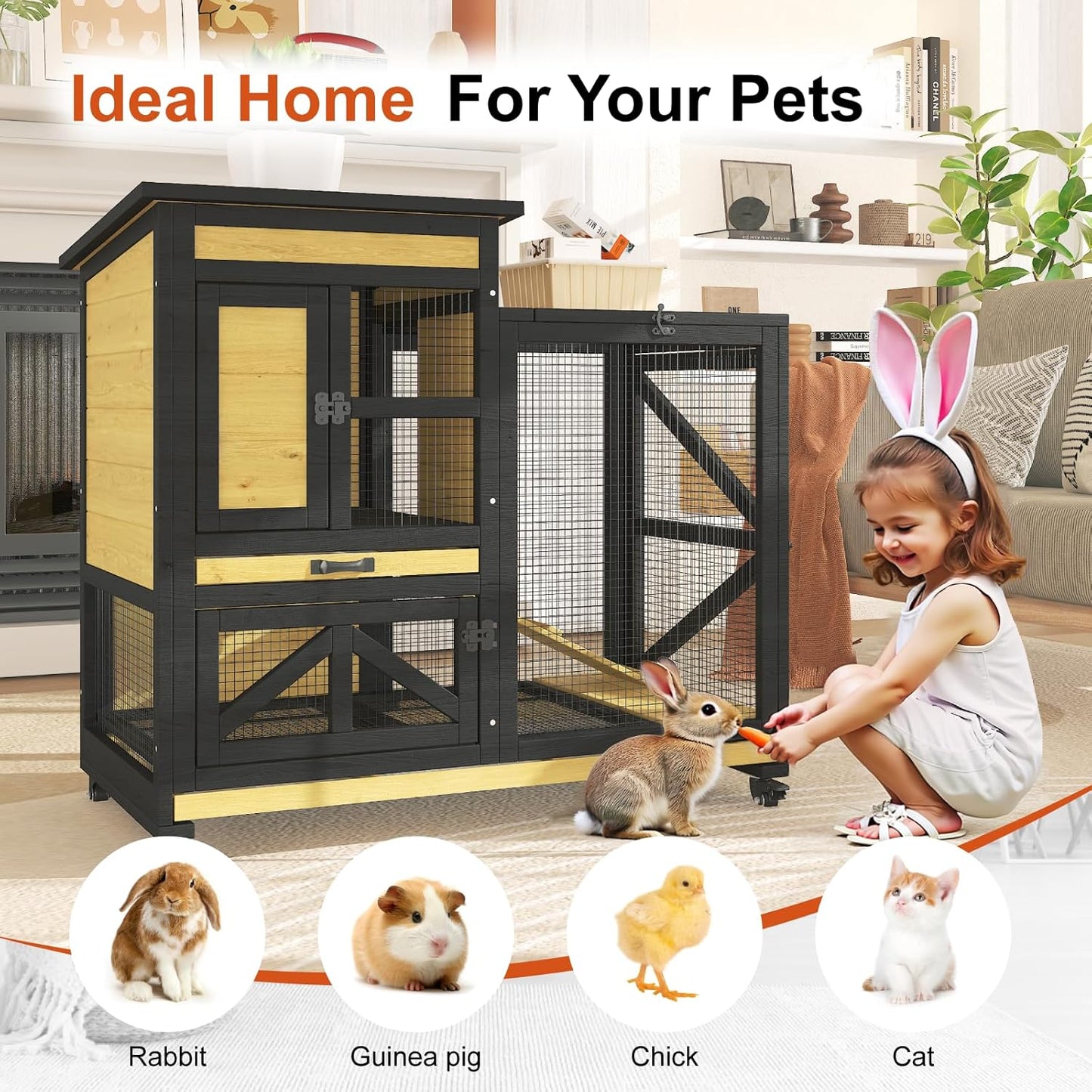 40'' Rabbit Cage Bunny Cage Indoor, Outdoor Rabbit Hutch for Small Animals, 2-Story Wooden Guinea Pig Cages with Wheels & 2 Deeper No Leak Trays, Waterproof Openable Roof & Bottom Wire Mesh