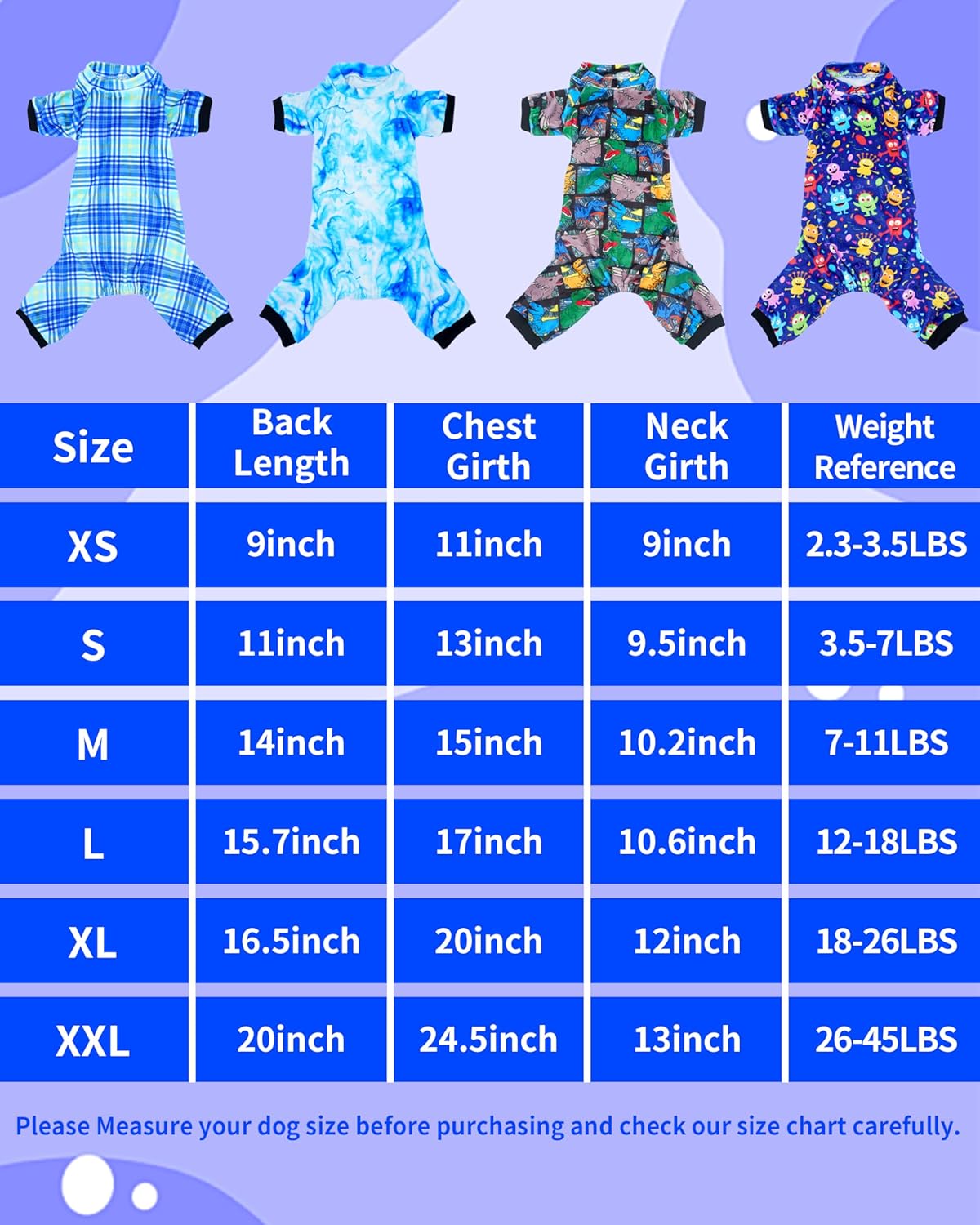 PET SHOW 4 Pack Small Dog Pajamas Cute Dinosaur Monster Clothes for Medium Dogs Soft Stretchy PJs Plaid Jumpsuit Puppy Tie Dye Onesies Outfits with Sleeve Pets Dachshund Costume(XXL, Blue for Boys)