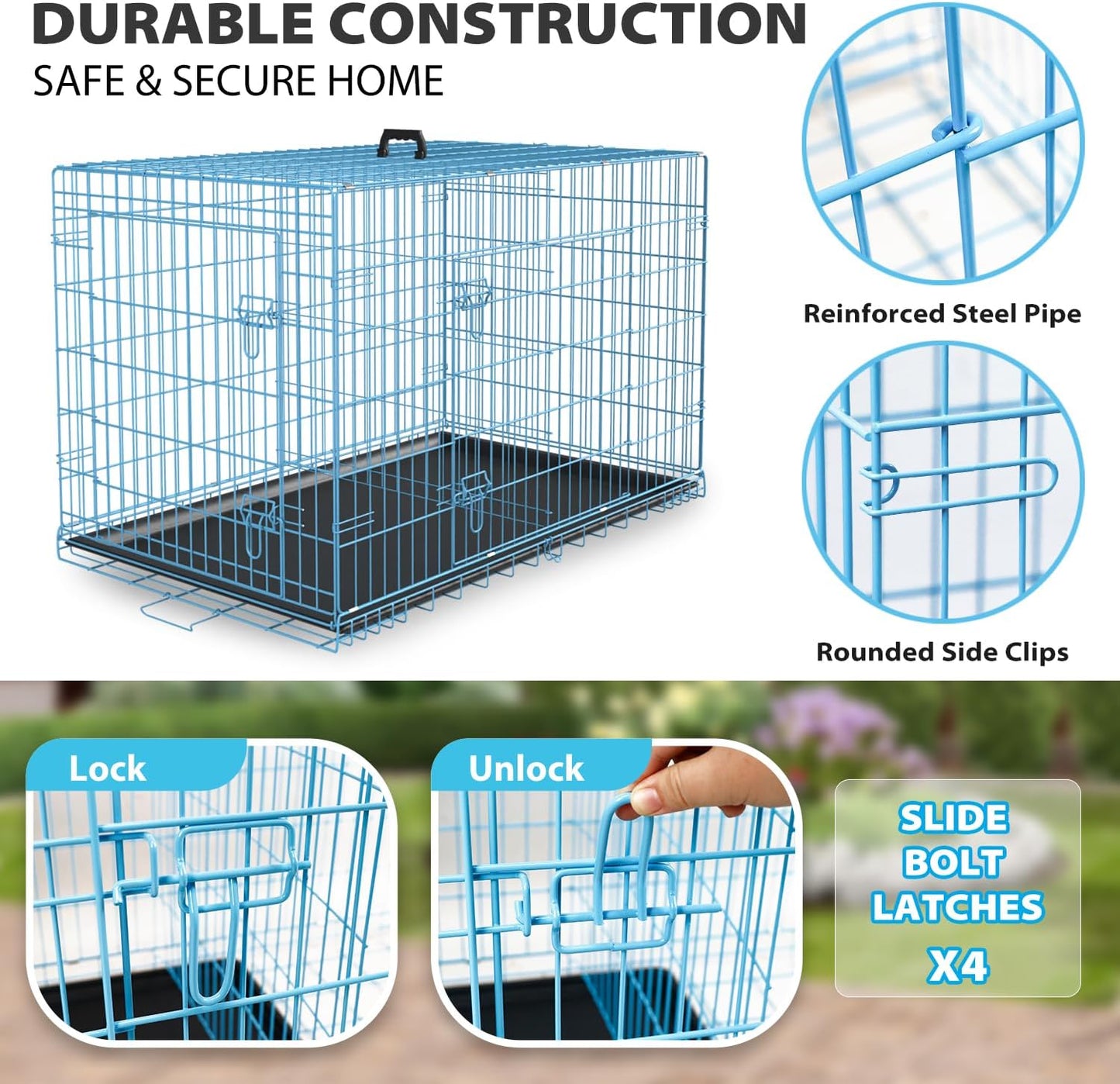 BestPet | Dog Crate | 36" | Blue | Foldable Metal Kennel with Double Doors, Secure Slide-Bolt Latches, Leakproof Tray | Portable Dog Cage for Medium Sized Breeds | for Travel, Indoor & Outdoor Use