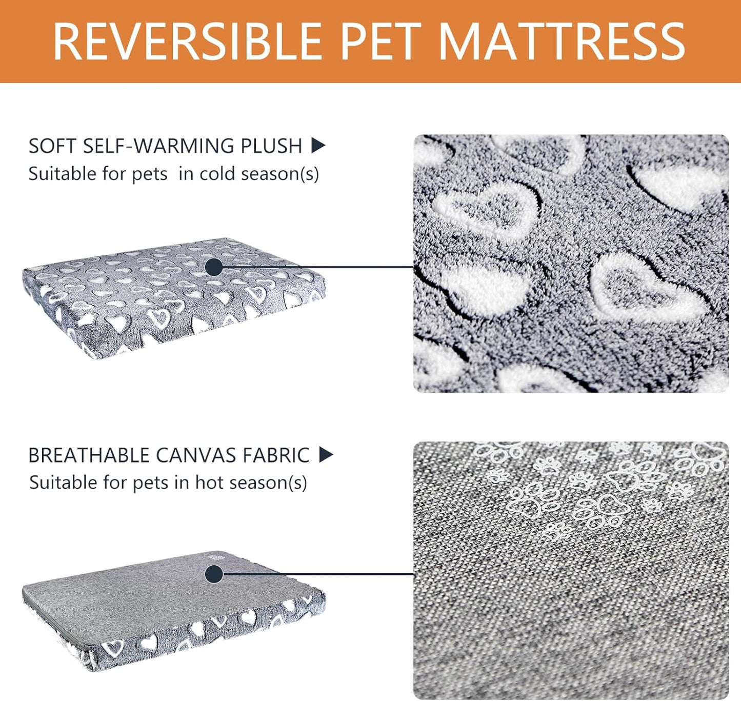 VANKEAN Stylish Dog Bed for Crate - Reversible Cool & Warm, Waterproof Inner, Firm Support, Machine Washable, XXL to Small, Grey