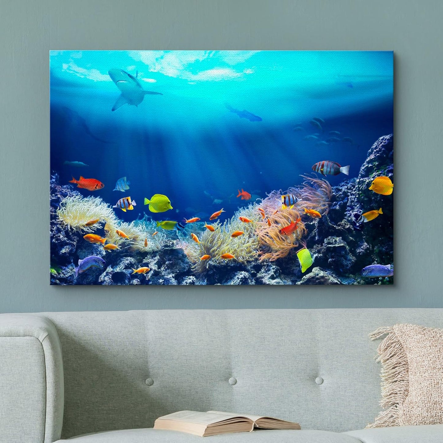 wall26 Canvas Print Wall Art Shining Sunlight Coral Reef Shark & Fish Nature Animals Photography Realism Rustic Scenic Landscape Wilderness Earth Colorful for Living Room, Bedroom, Office - 32"x48"