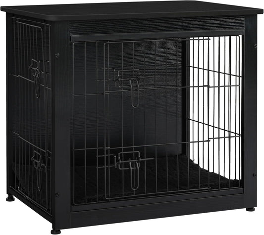 DWANTON Dog Crate Furniture with Cushion, Wooden Kennel Table with Double Doors, Indoor Dog House, Small/Medium/Large Size, 27.2" L, Black